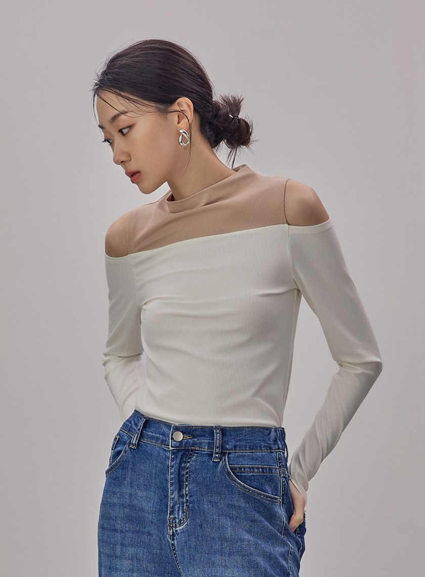 挖肩拼色細節長袖上衣